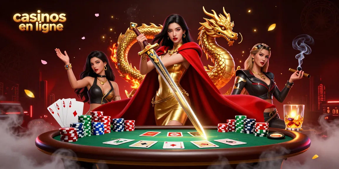 Engagez-vous avec des casinos en ligne sur une scène de poker vibrante et dynamique présentant une reine guerrière et un dragon doré.