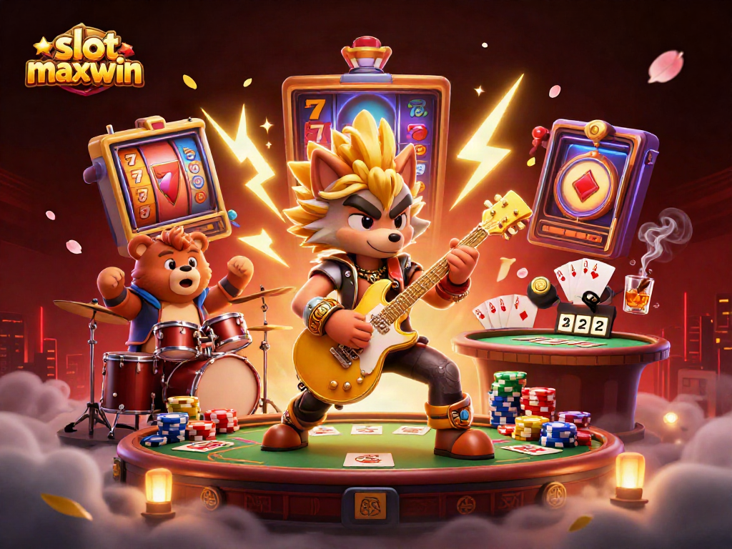 Experience slot maxwin excitement with a vibrant 3D casino scene featuring action-packed characters.
