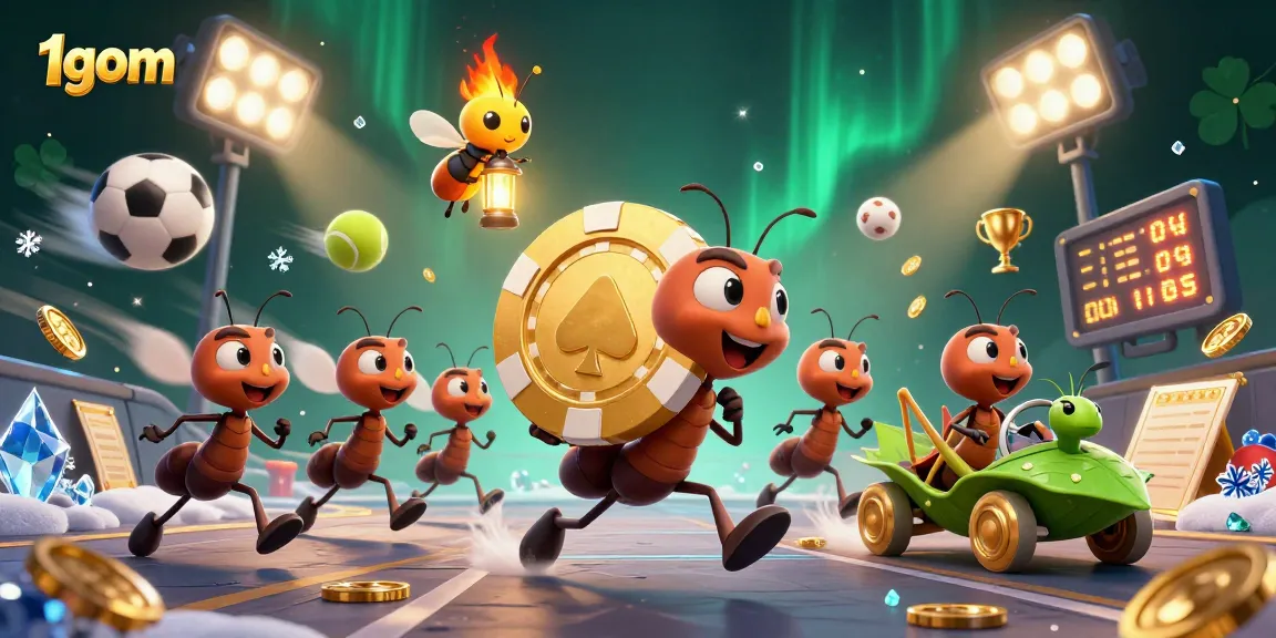 1gom showcases a dynamic heist with ants carrying a giant poker chip while sports elements enhance the gambling theme.