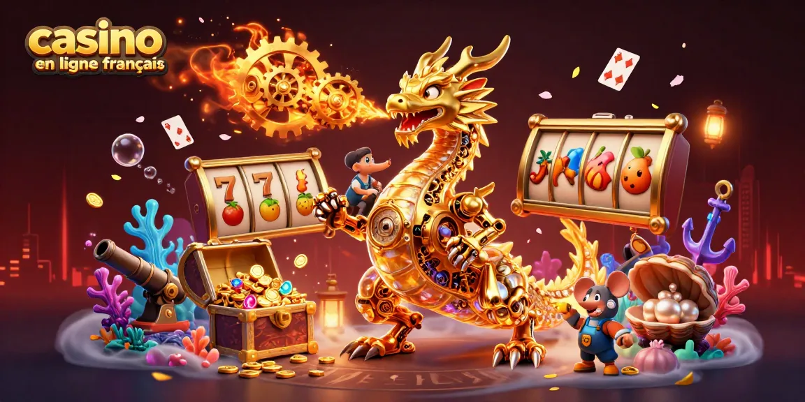 Revivez l'excitation du casino en ligne français avec un dragon doré impressionnant et une scène riche en jeu.