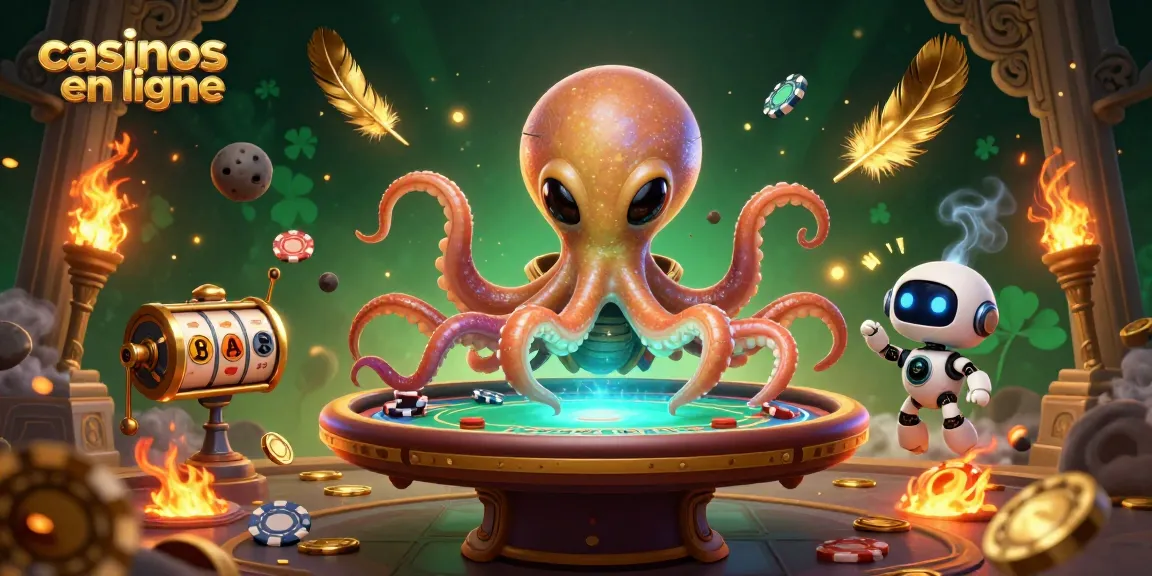Gagnez aux casinos en ligne avec cette illustration dynamique d'une pieuvre extraterrestre et son robot compagnon.