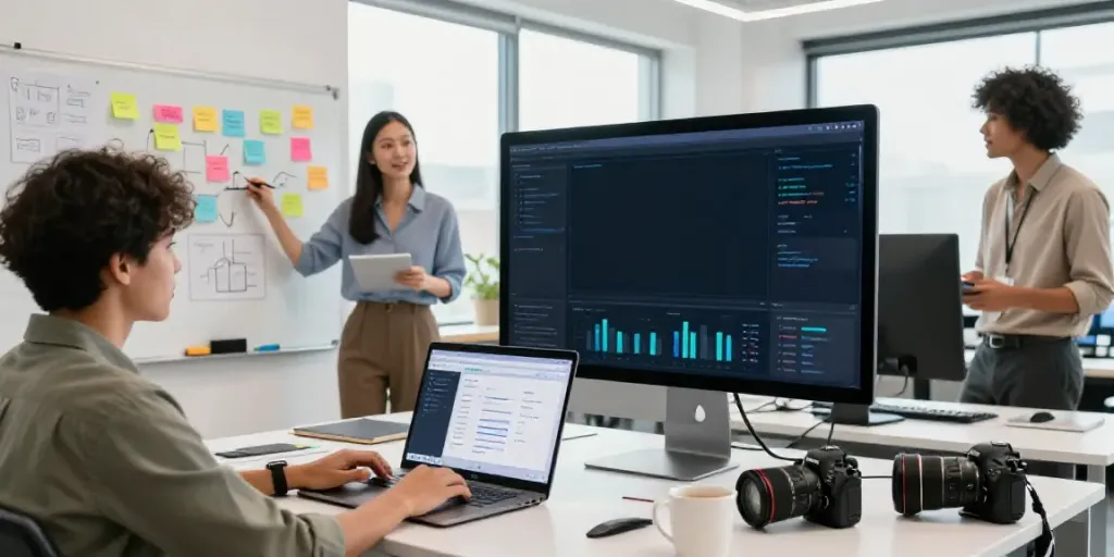 Team collaborating on an AI calls to action generator project in a modern workspace.