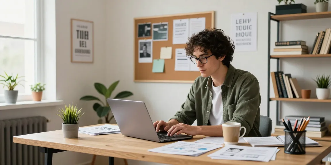 Self-employed professional working on a laptop in a stylish home office, showcasing productivity and creativity