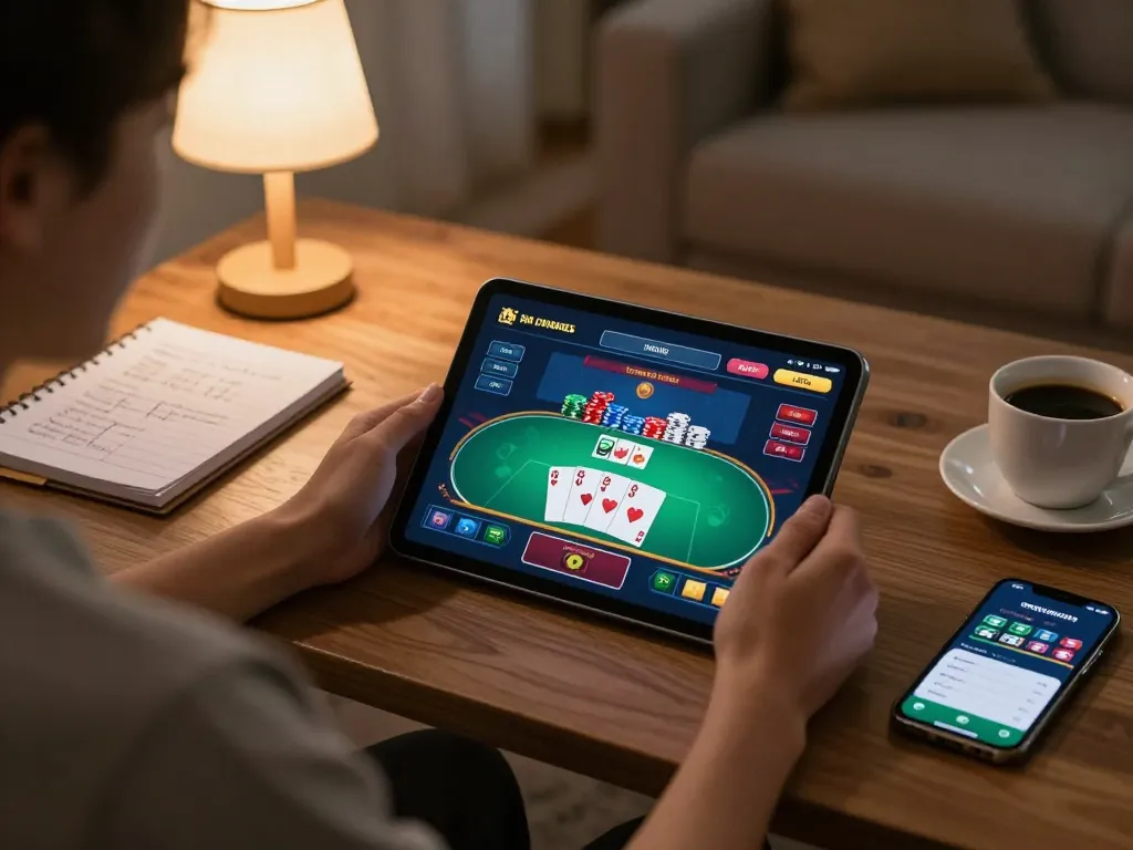 Player engaging with cm88-yu online casino poker game on tablet in cozy home setting