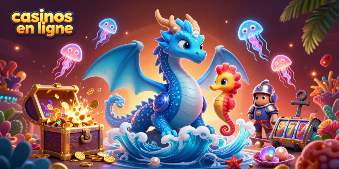 Participez à des casinos en ligne palpitants avec une image vibrante de dragon et de chevalier entourés de trésors de jeu.
