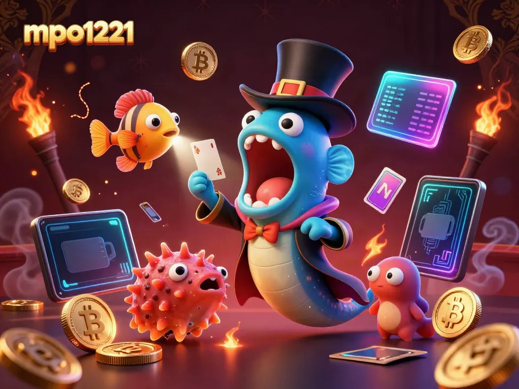Experience the excitement of mpo1221 as deep-sea creatures perform thrilling magic tricks in a vibrant casino-themed illustration.