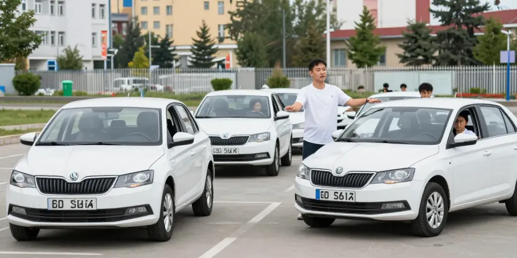 Driving school students learning in modern Skoda auto vehicles during practical lessons.