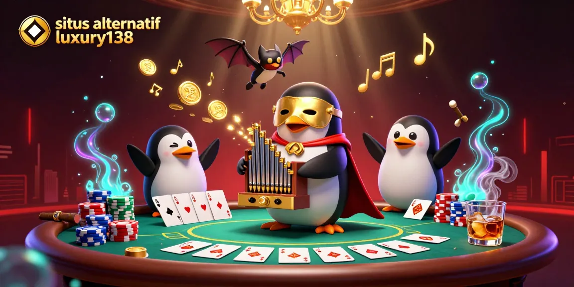 situs alternatif luxury138 menampilkan penguin opera yang bermain organ dan mengeluarkan koin emas, dikelilingi elemen poker