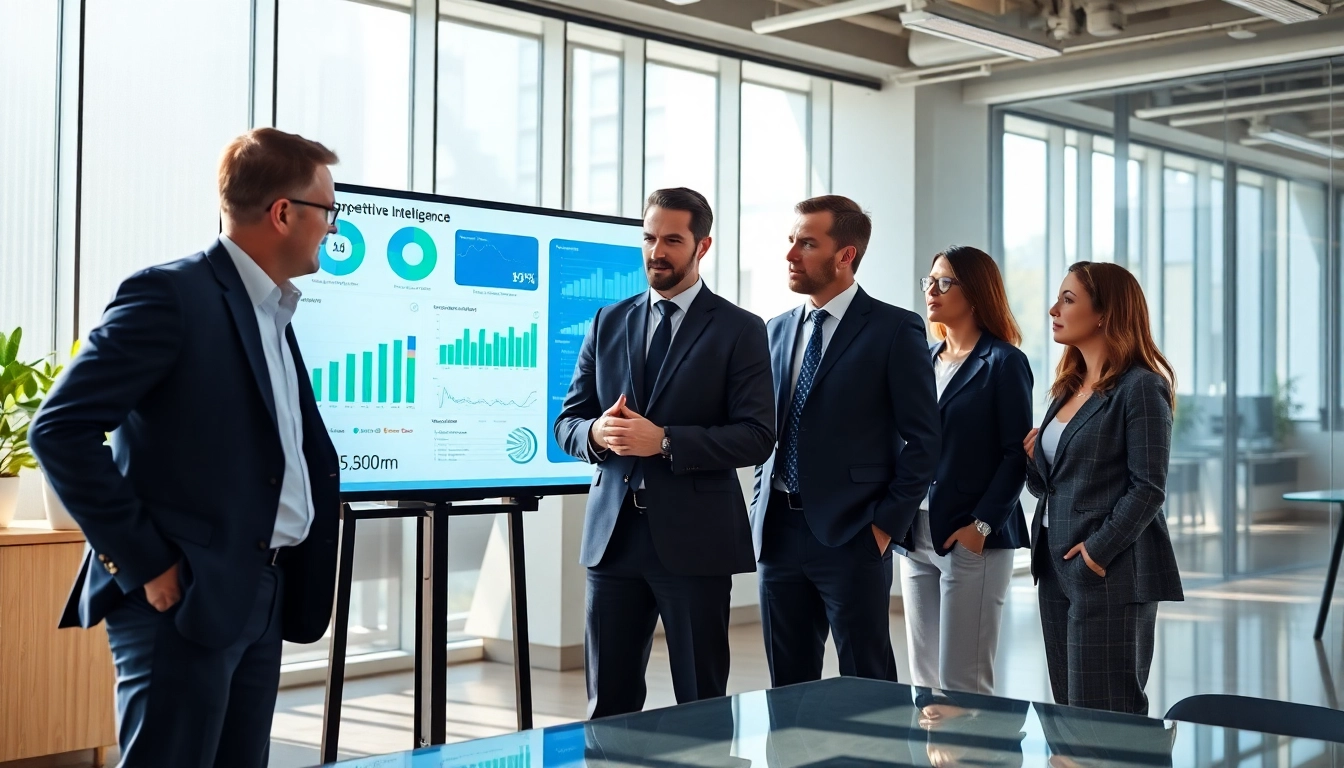 Analyzing competitive intelligence with a professional team in a modern setting.