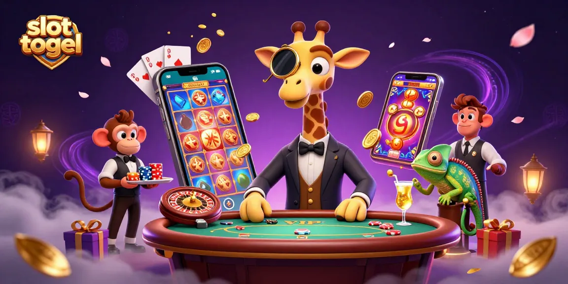 Experience the excitement of slot togel resmi with a lively giraffe, monkey, and chameleon in a vibrant casino scene.