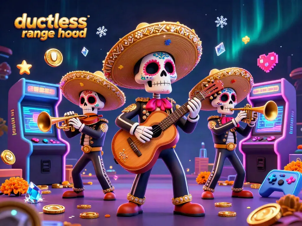 Engage with the ductless range hood in this vibrant casino-themed illustration featuring Mariachi characters.