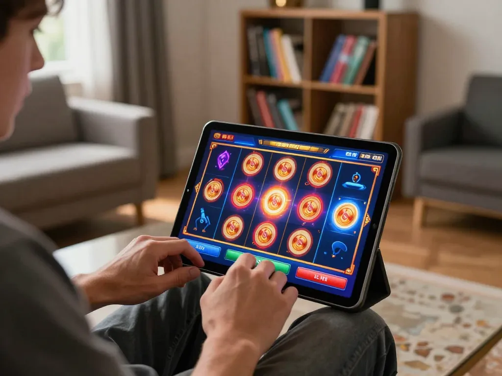 Player enjoying slot games on f168 tablet in vibrant home gaming setup with cozy atmosphere.