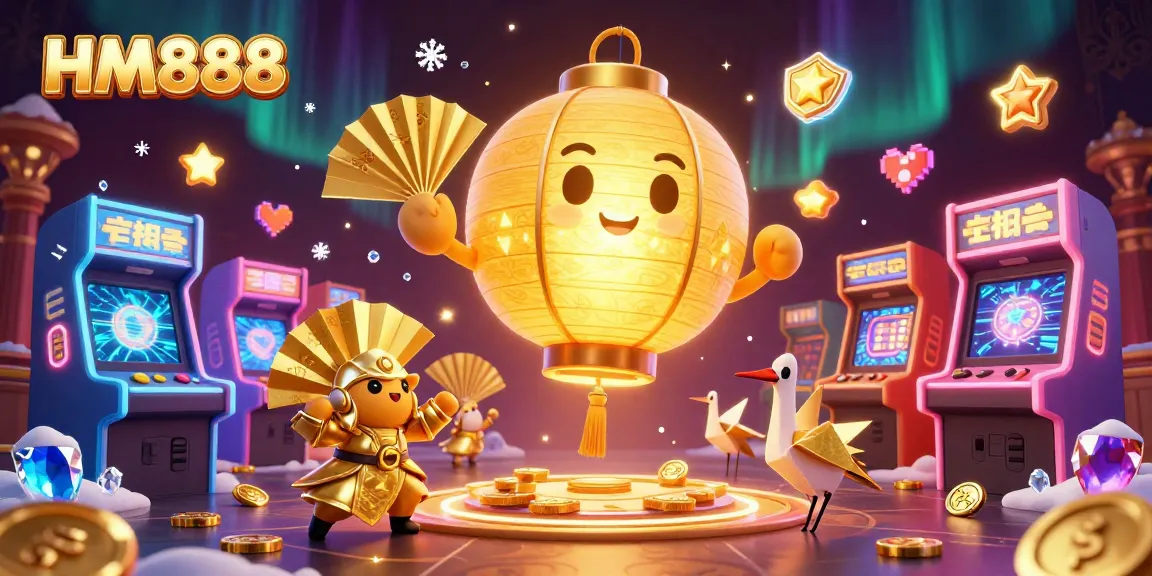 Spin and win with HM888 in this 3D illustration showcasing vibrant gaming and lucky symbols!