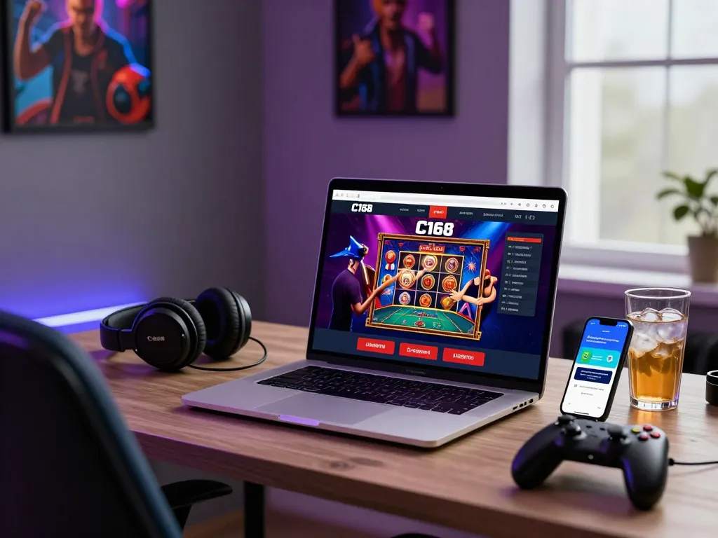 Exciting C168 online gaming platform on laptop screen, user engaged in live casino game, vibrant gaming workspace with lively atmosphere.