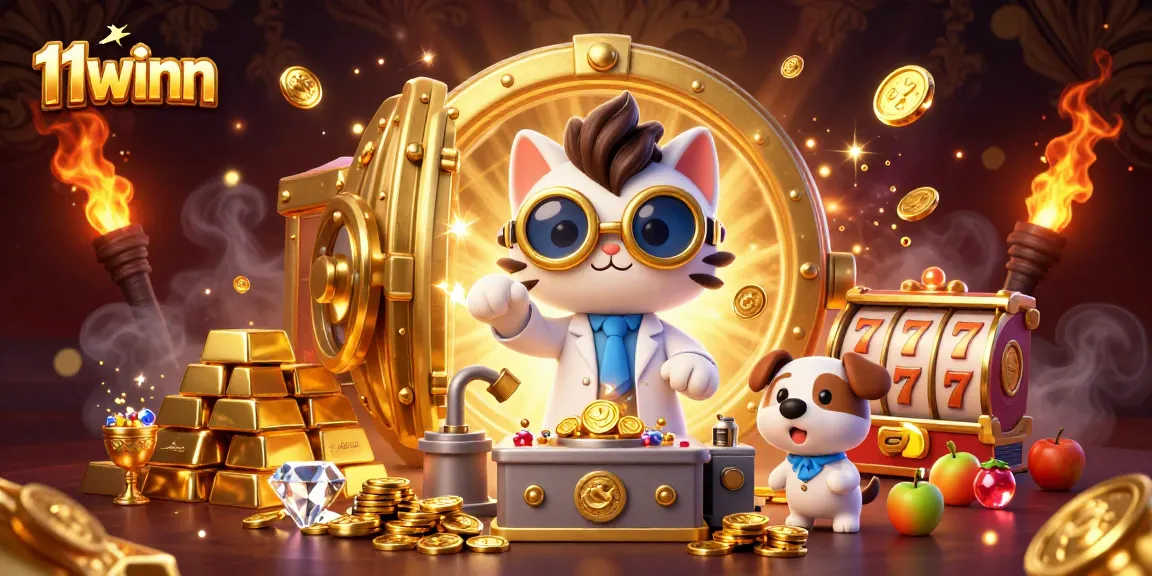 Win big at 11winn with a scene showcasing slot reels, gold coins, and vibrant characters.