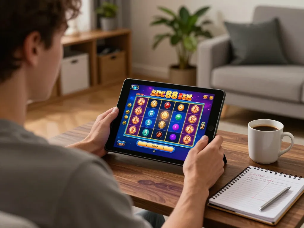 Player engaging with sc88 online slots on tablet in a cozy home setting, illustrating responsible gaming.