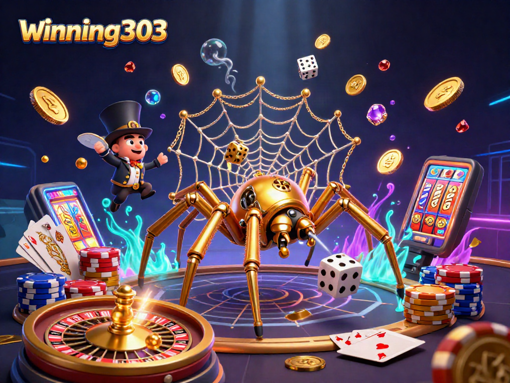 Winning303 showcases a rich 3D scene of gaming excitement with steampunk characters and casino elements.