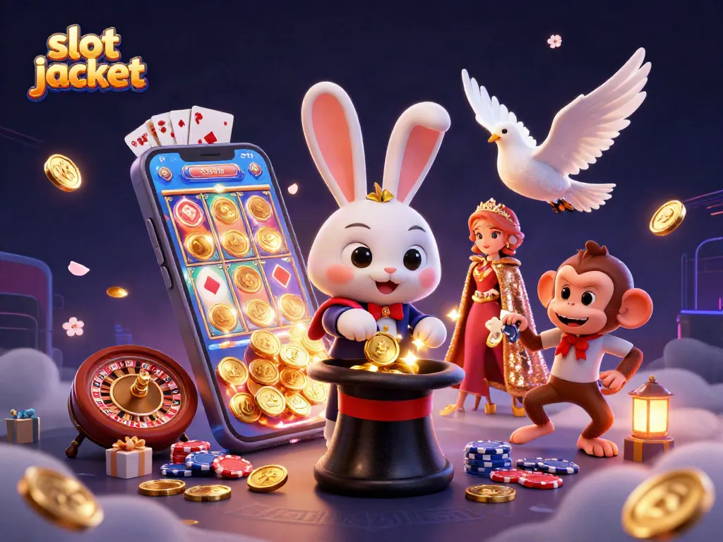 Experience the thrill of slot jackpot games with a magical 3D casino illustration featuring exciting characters and vibrant game elements.