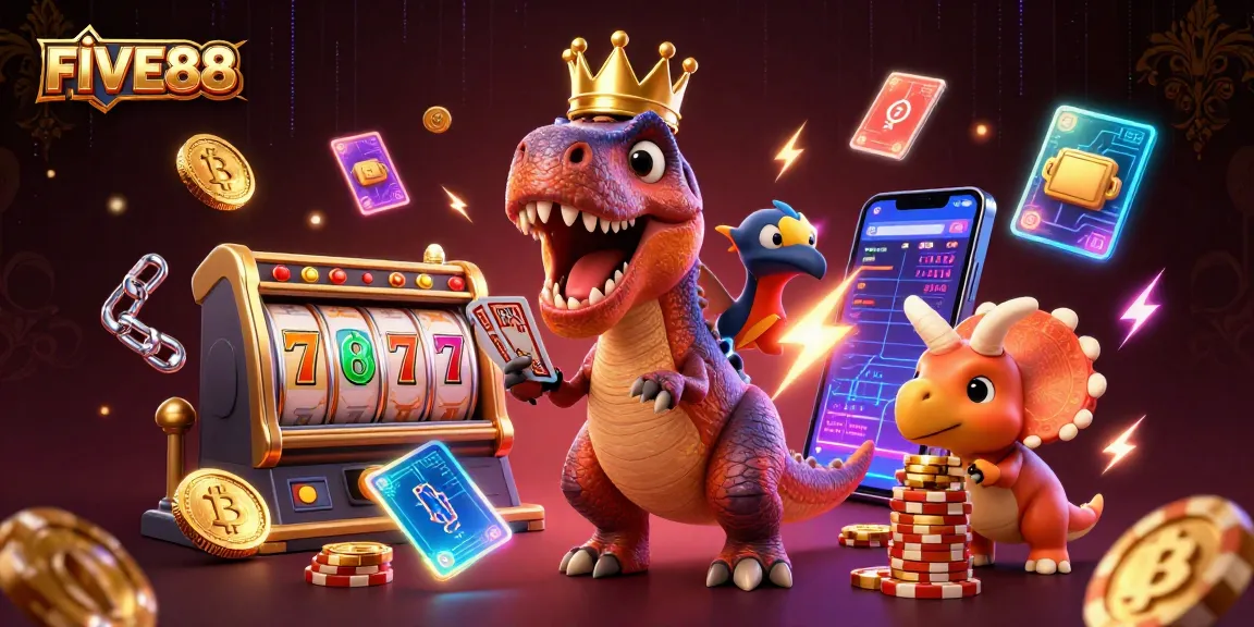 Engage with FIVE88, featuring a T-Rex shuffling cards, surrounded by vibrant jackpot symbols.