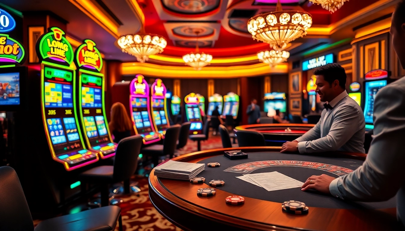Players enjoying the pen 4d slots at an opulent casino, surrounded by vibrant lights and excitement.