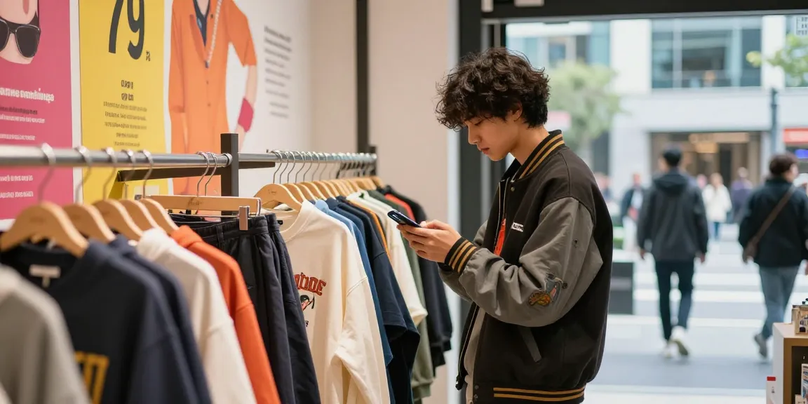 Young adult exploring stylish fashion items at https://shs-dome5.com/ in a vibrant urban shopping scene.