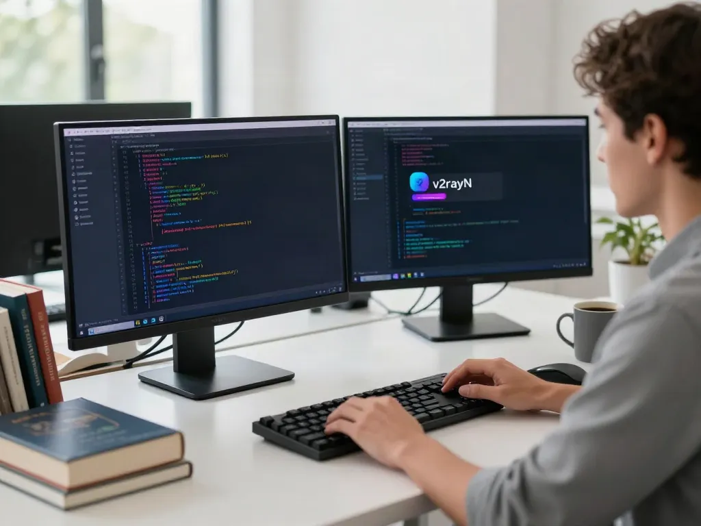 v2rayN官网 setup in a modern office highlighting a developer's workspace with coding screens.