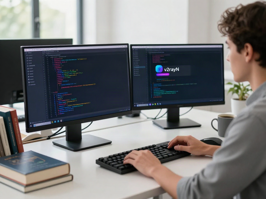 v2rayN官网 setup in a modern office highlighting a developer's workspace with coding screens.