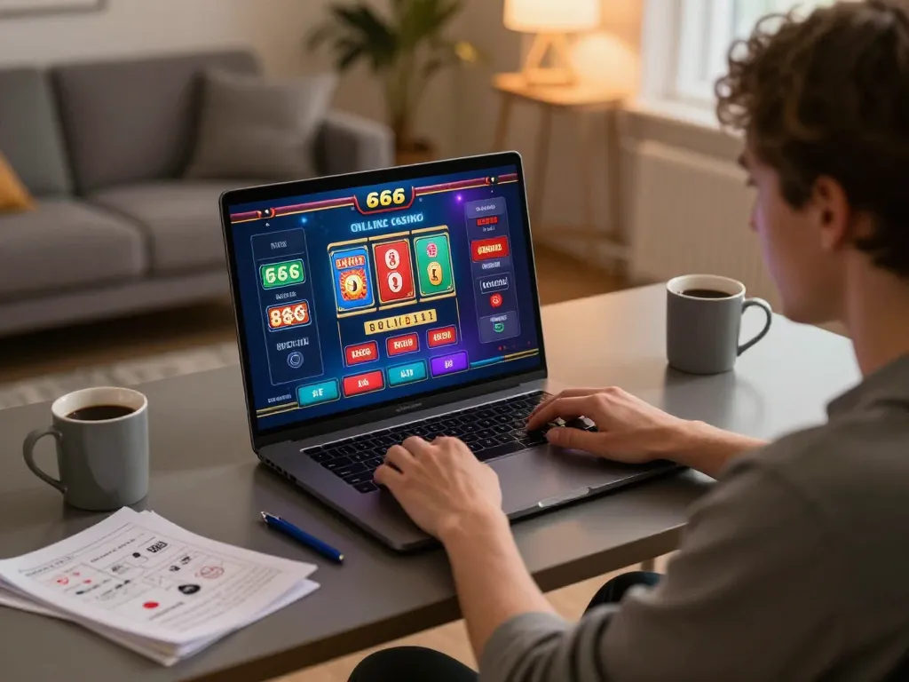 Player enjoying s666 online casino games on a laptop in a warm home office setting