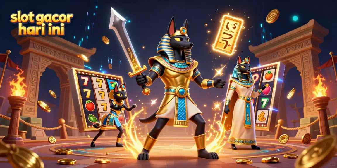 Engage with slot gacor hari ini in a lively ancient casino scene featuring Anubis and Bastet.