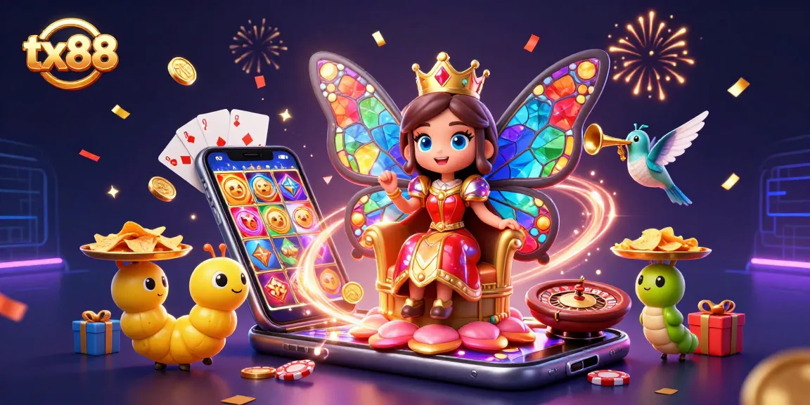 Experience thrilling wins at tx88 with vibrant 3D casino characters surrounded by gambling elements.