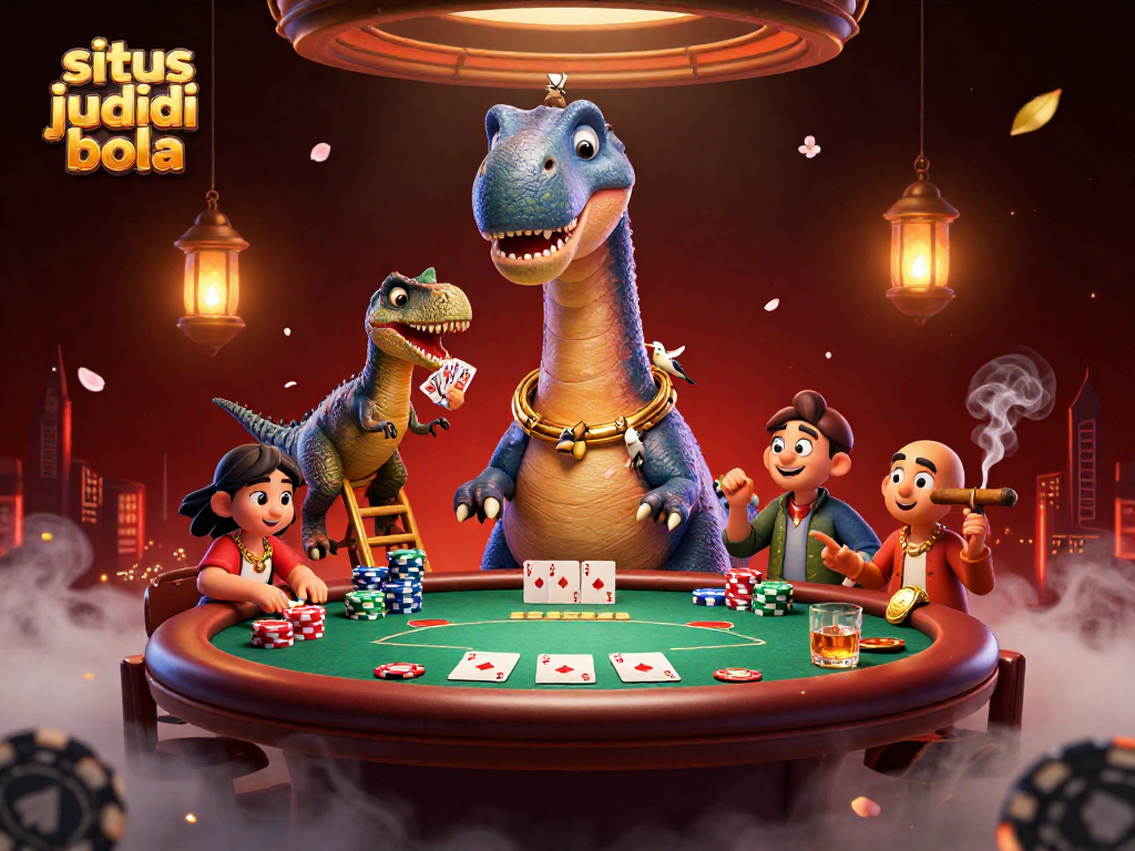 Experience situs judi bola action with a dinosaur dealing cards at a vibrant casino scene.