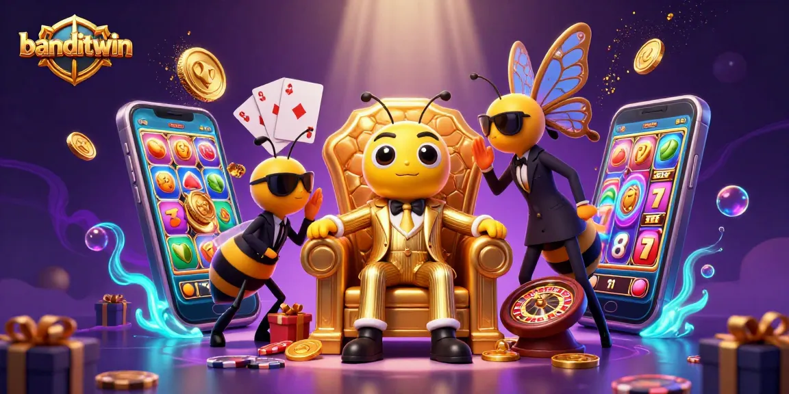 Mengguncang mesin slot di banditwin, sosok bos lebah berbusana pinstripe emas dikelilingi elemen kasino yang fantastis.