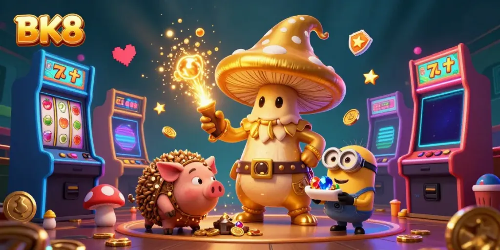 Unleash excitement with BK8's dynamic casino scene featuring a golden mushroom wizard and treasures.