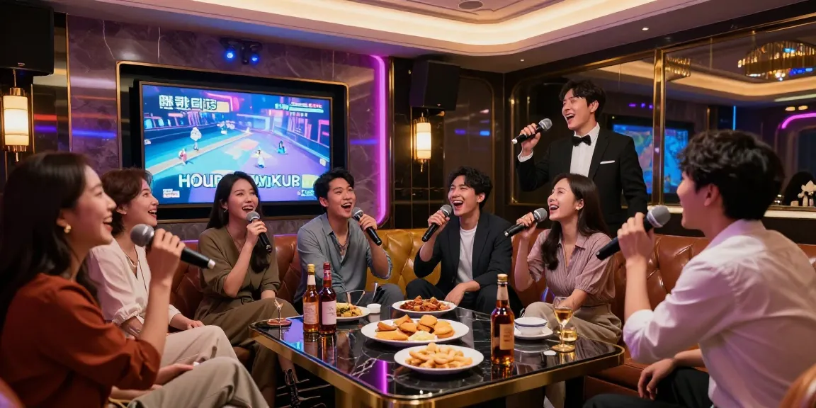 Friends enjoying karaoke at https://www.gangnamtune.com/ vibrant private room, showcasing luxury and fun.