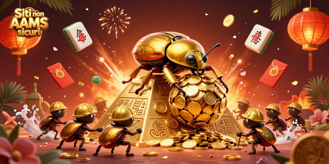 Scopri Siti non AAMS sicuri: illustrazione colorata con scarabei d'oro e simboli di casinò.