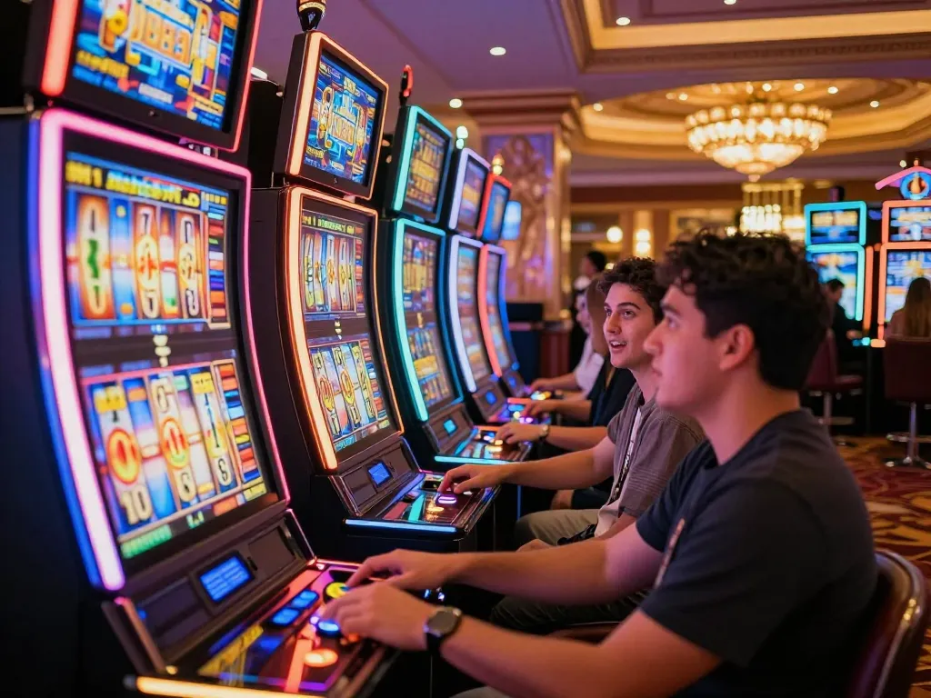 Players engaged in thrilling slot bet 50 action at vibrant casino machines.