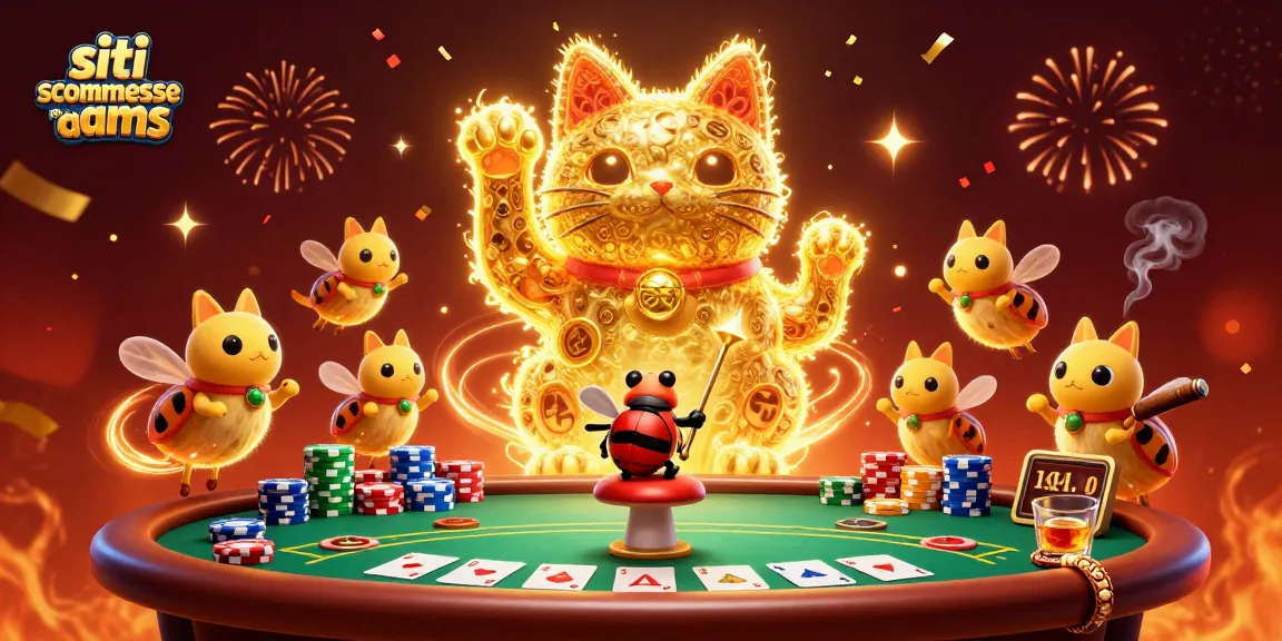 Giocare ai siti scommesse non AAMS con un gatto fortunato che saluta simboli del casinò.