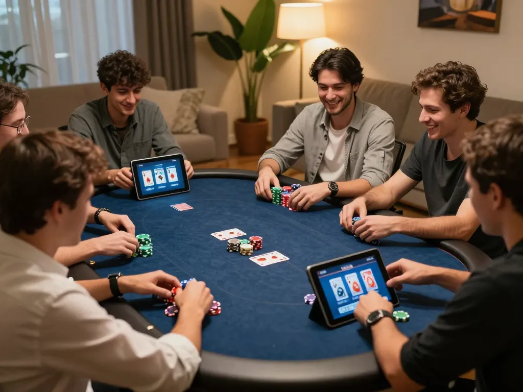 Kubet online players engaged in a lively home poker game, showcasing strategic gameplay.