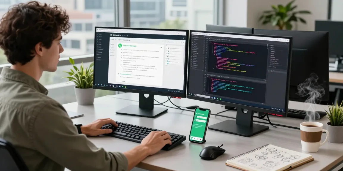 WhatsApp電腦版 showcased on a modern workspace with dual monitors and productivity tools, highlighting efficiency.