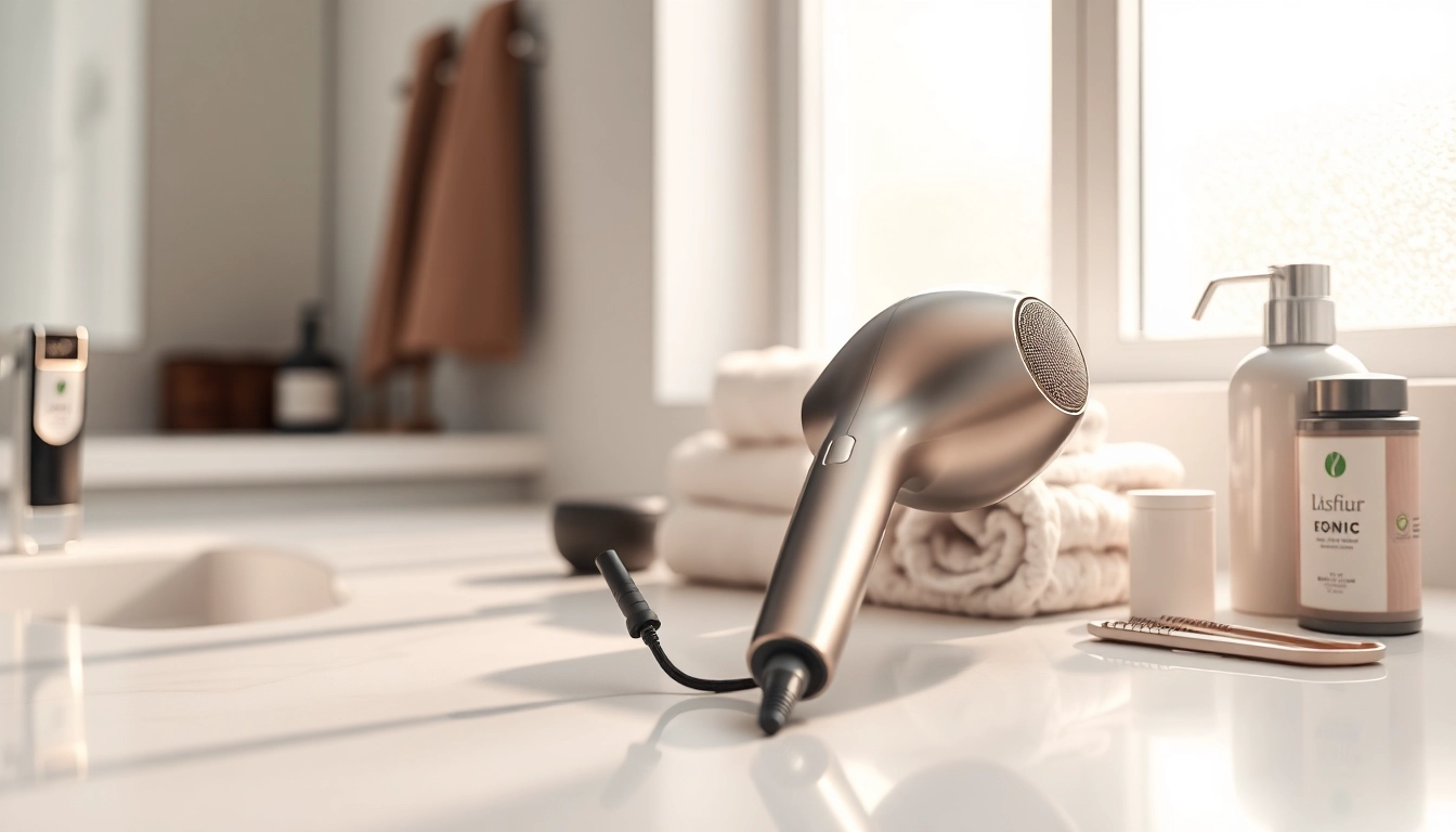Stylish Ionic hair dryer on a bathroom counter, showcasing its sleek design and elegance.