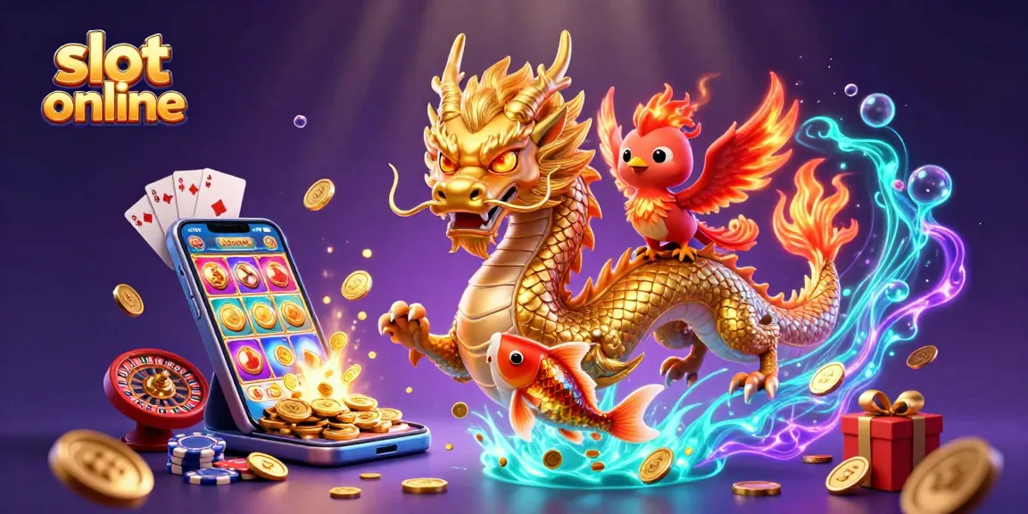 Experience slot online excitement with a golden dragon, phoenix, and koi fish amidst vibrant casino elements.