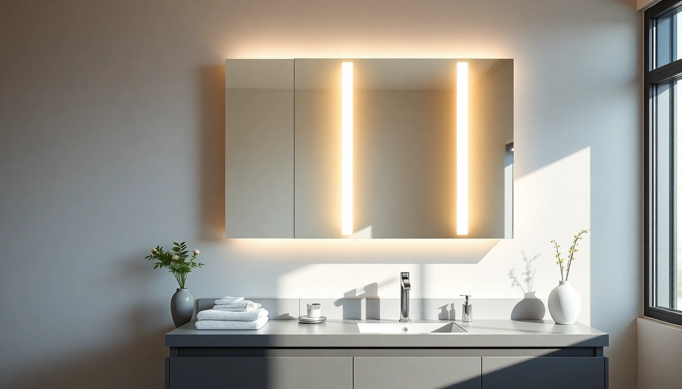 sonni Spiegelschrank in modernem Badezimmer mit LED-Beleuchtung und eleganter Atmosphäre.