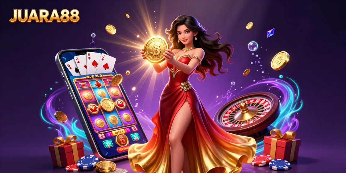 Engage with JUARA88's exciting online casino experience featuring golden coins and slot reels.