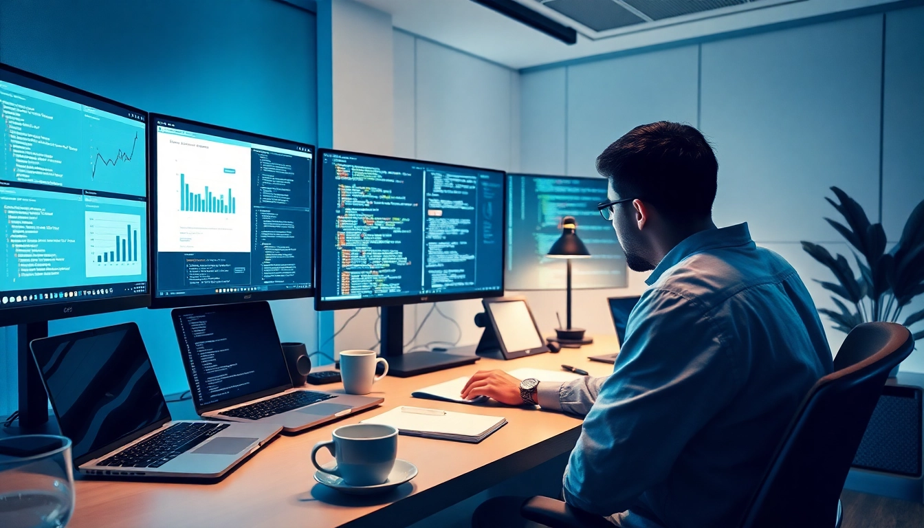Developer analyzing web scrapping data in a modern workspace with multiple screens.