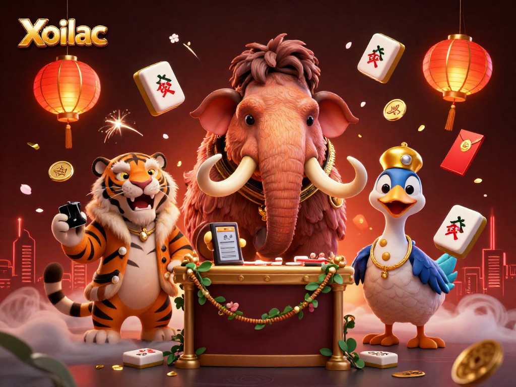 Xoilac welcomes you with vibrant 3D cartoon characters amidst lanterns and festive elements in an exciting casino scene.