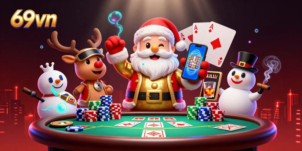 Engage in gaming excitement with 69vn, featuring Santa and friends in a vibrant casino setting.