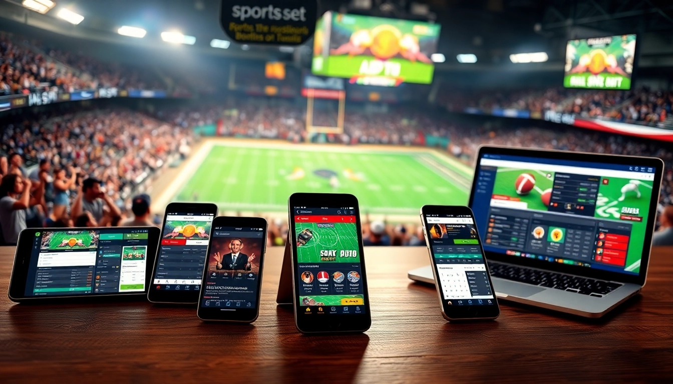 Engaging scene showcasing sportsbooks in Texas on various devices against a vibrant stadium background.