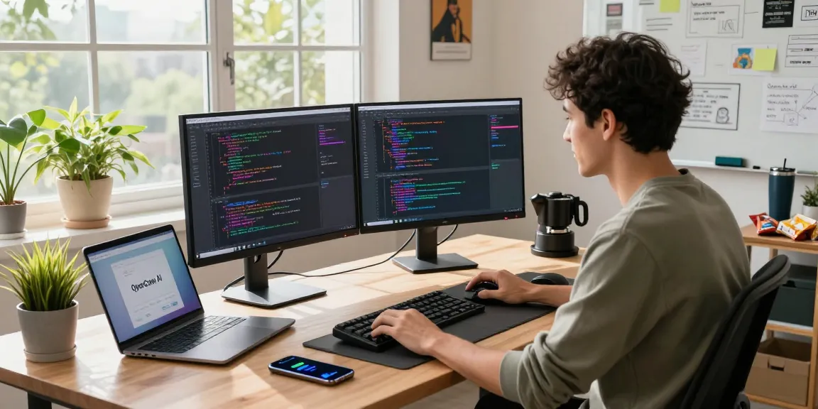 Developer coding with OpenClaw AI on dual monitors in a vibrant workspace.