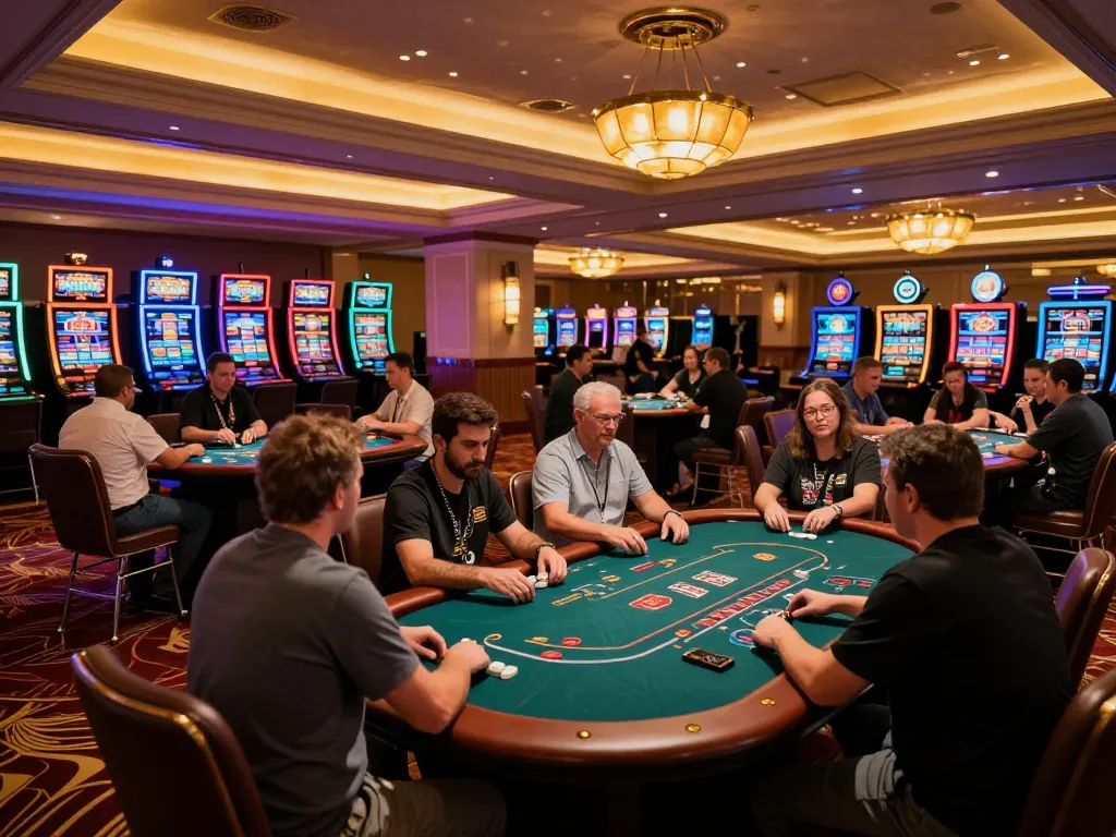 Players at TG88-lc poker tables engage in intense gameplay, showcasing casino vibrancy.