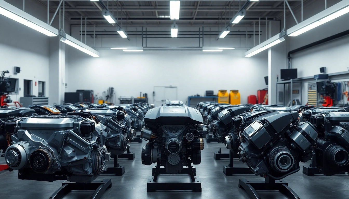 Showcase of various used engines available in a bright, modern showroom.